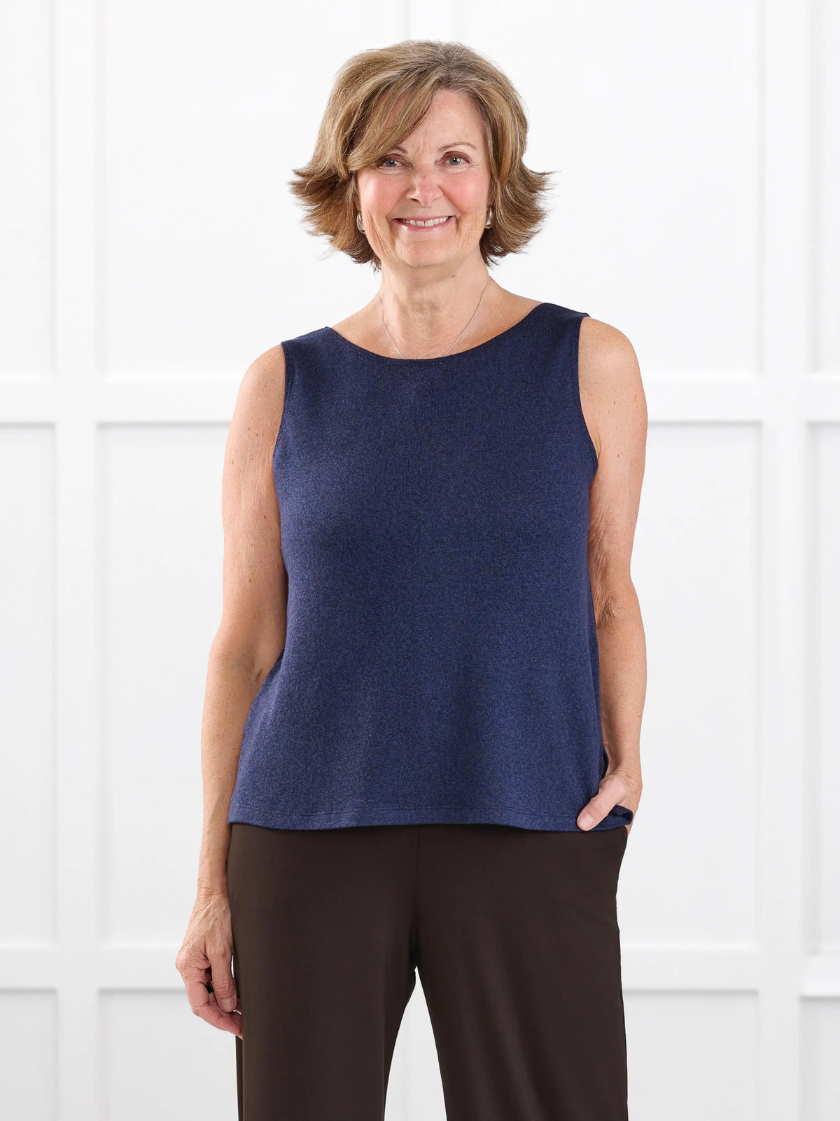 Ricki reversible neckline sweater knit tank for women in Midnight blue on model Donna, size S @Donna-S 