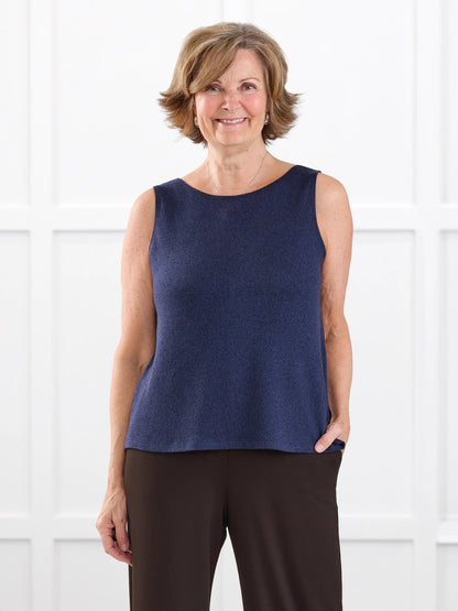 Ricki reversible neckline sweater knit tank for women in Midnight blue on model Donna, size S @Donna-S 