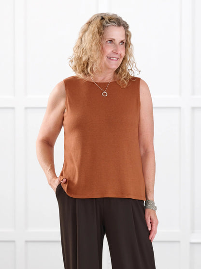 Ricki reversible neckline sweater knit tank for women in Rust on model Carolyn, size L @Carolyn-L 