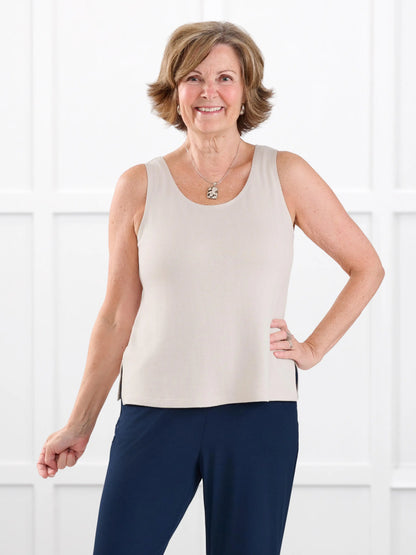 Ricki reversible neckline sweater knit tank for women in Seashell on model Donna, size S @Donna-S 
