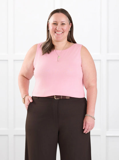 Ricki reversible neckline sweater knit tank for women in Whisper pink on model Cristina, size XXL @Cristina-XXL 