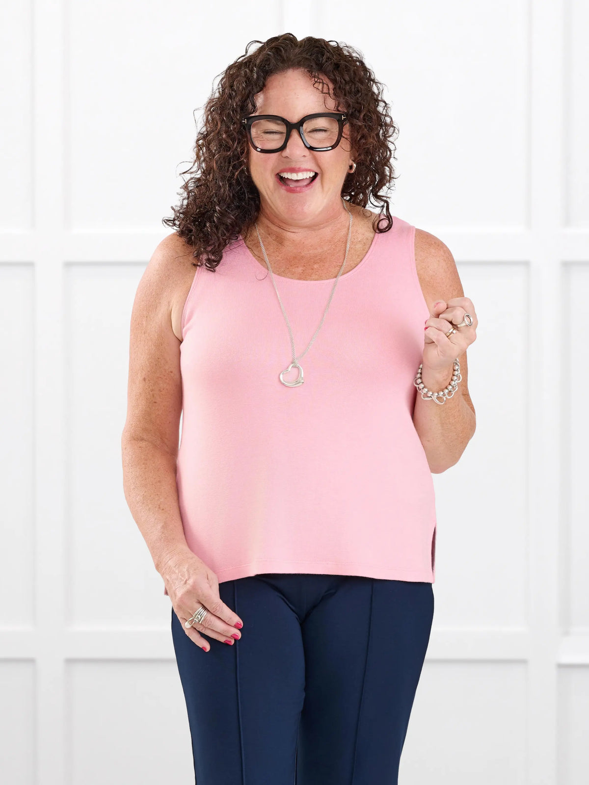 Ricki reversible neckline sweater knit tank for women in Whisper pink on model Kerri, size M @Kerri-M 