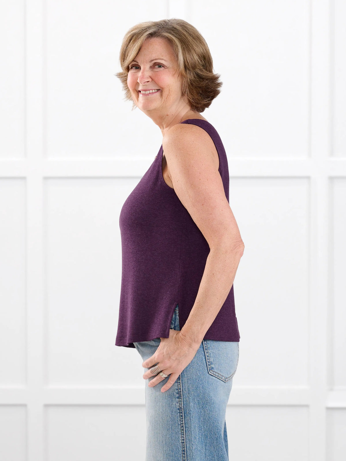 Ricki reversible neckline sweater knit tank for women in Blackcurrant on model Donna, size S @Donna-S 