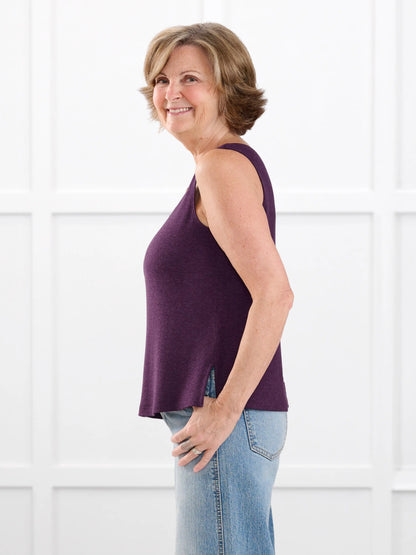 Ricki reversible neckline sweater knit tank for women in Blackcurrant on model Donna, size S @Donna-S 