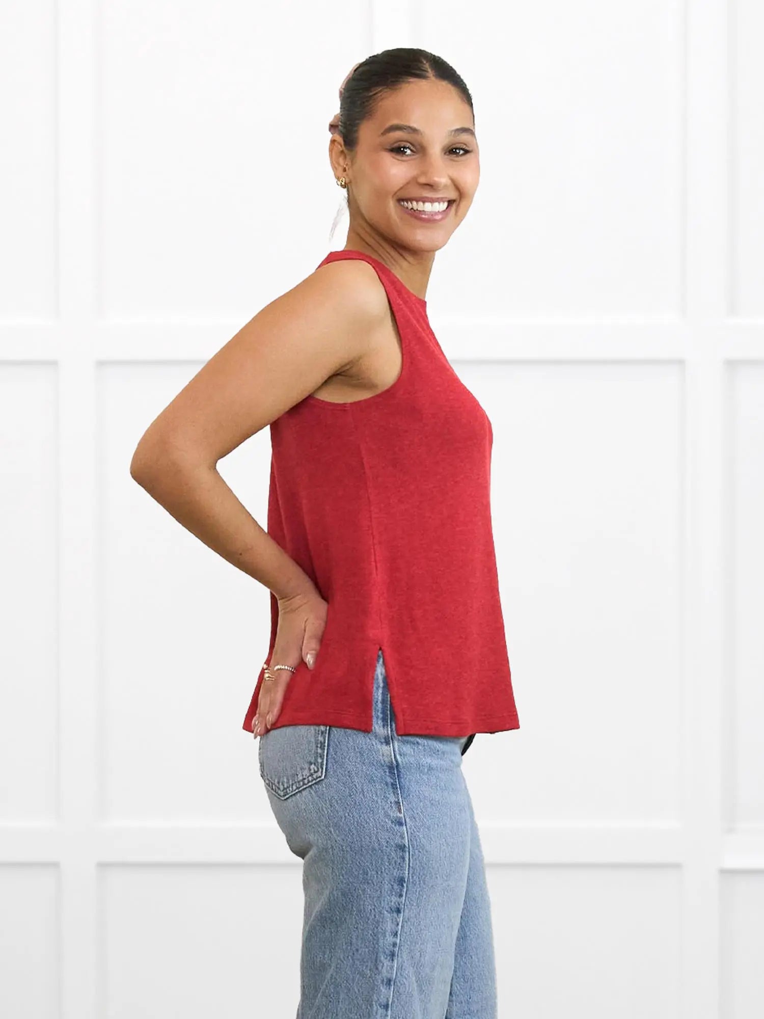 Ricki reversible neckline sweater knit tank for women in Chili on model Meron, size XS @Meron-XS 