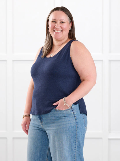 Ricki reversible neckline sweater knit tank for women in Midnight blue on model Cristina, size XXL @Cristina-XXL 