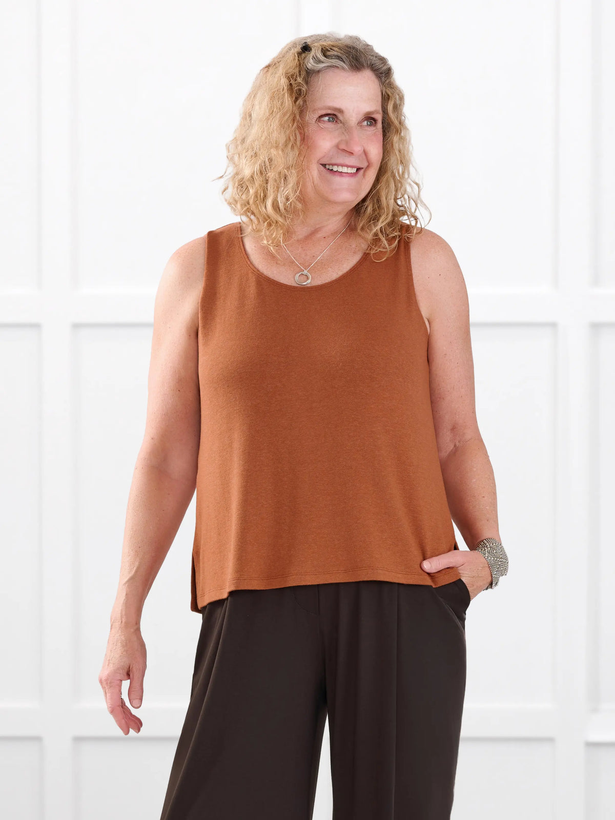 Ricki reversible neckline sweater knit tank for women in Rust on model Carolyn, size L @Carolyn-L 
