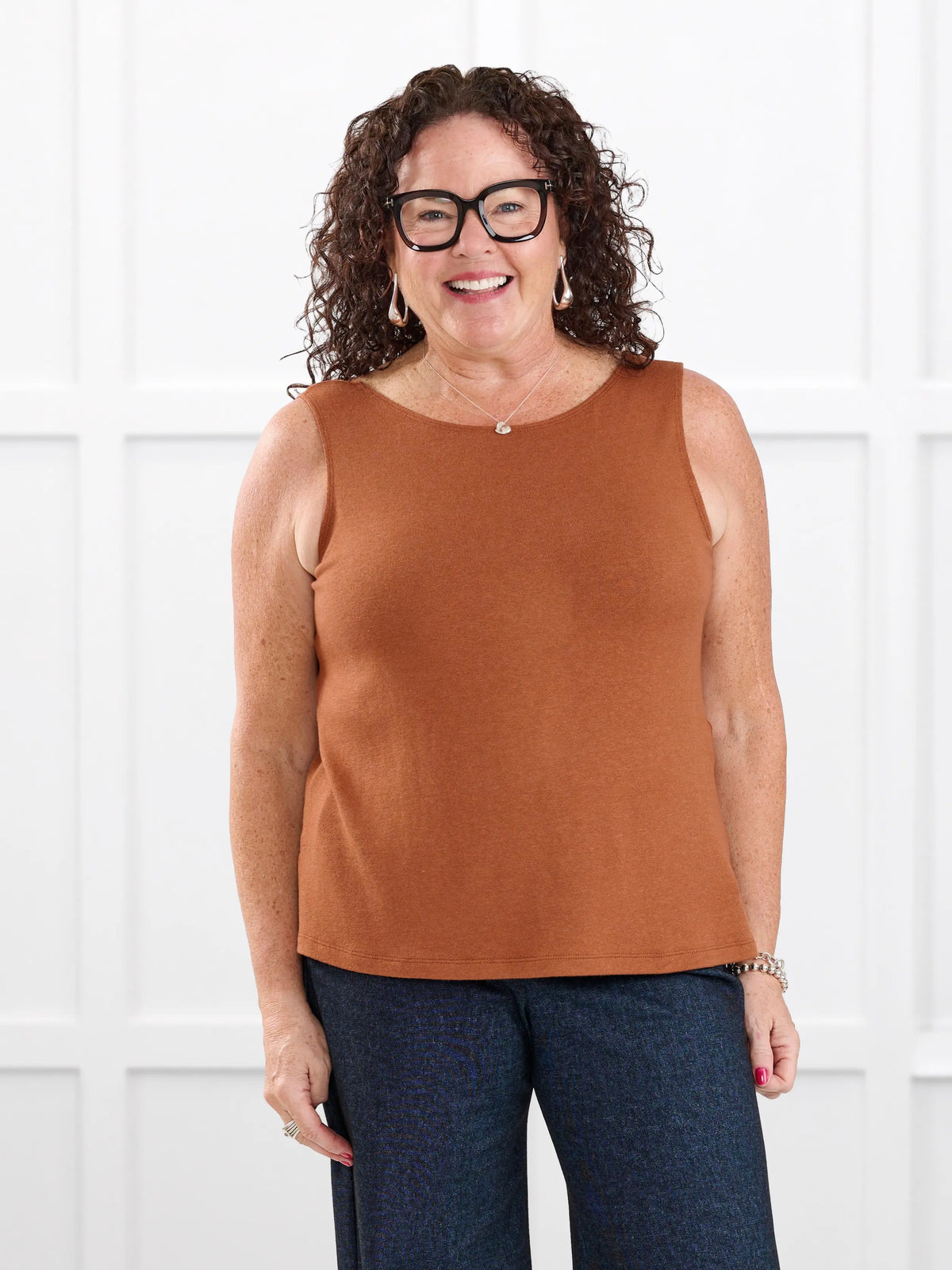 Ricki reversible neckline sweater knit tank for women in Rust on model Kerri, size M @Kerri-M 