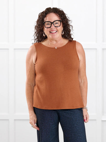 Ricki reversible neckline sweater knit tank for women in Rust on model Kerri, size M @Kerri-M 