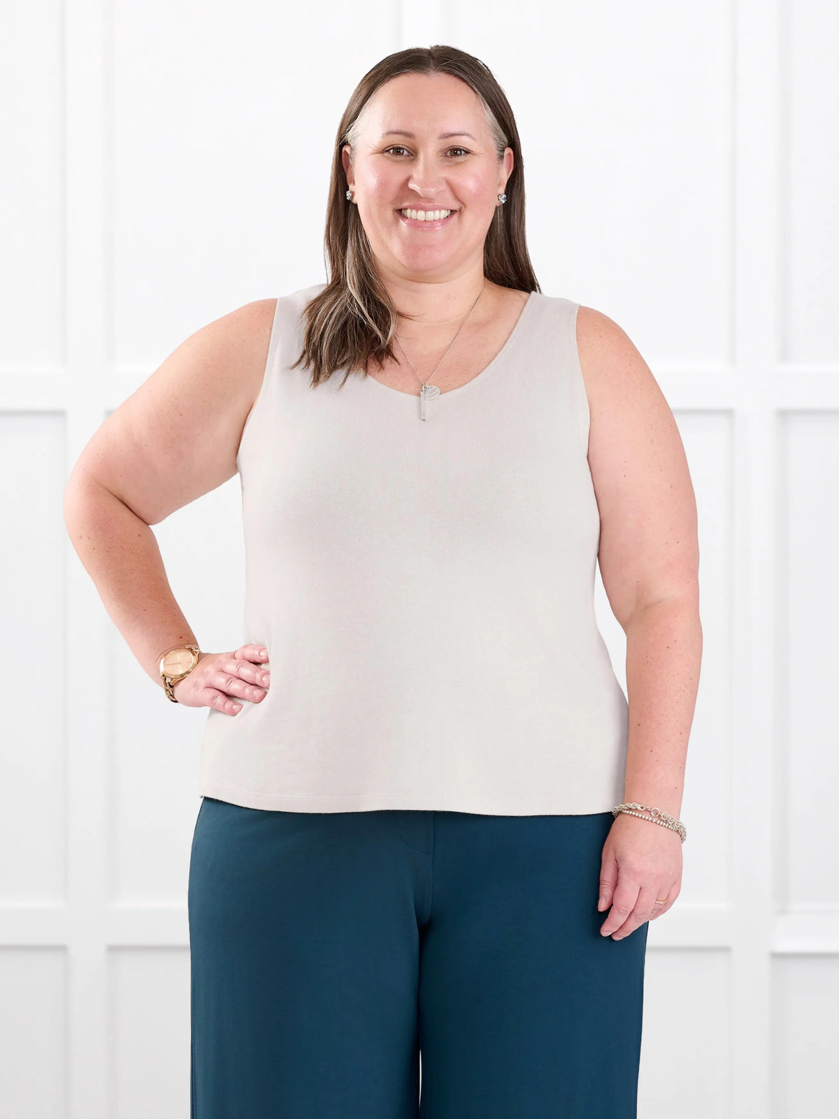 Ricki reversible neckline sweater knit tank for women in Seashell on model Cristina, size XXL @Cristina-XXL 