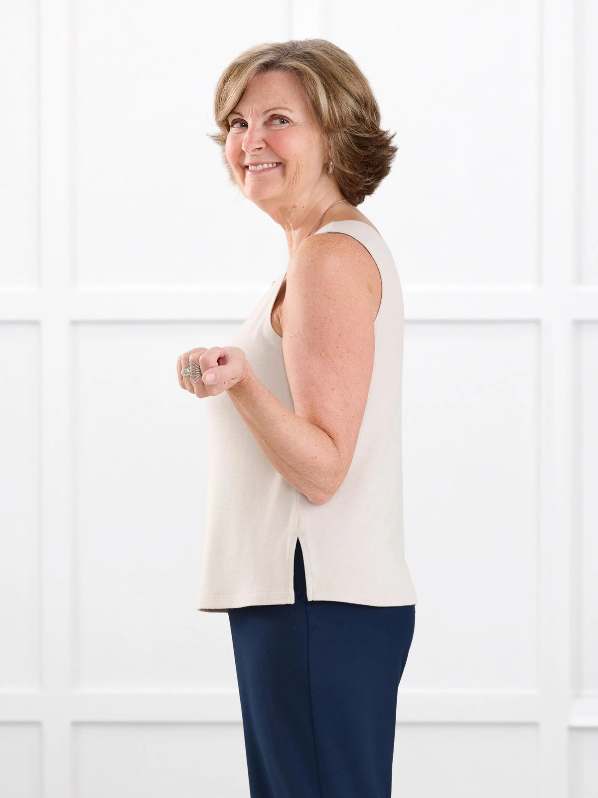 Ricki reversible neckline sweater knit tank for women in Seashell on model Donna, size S @Donna-S 