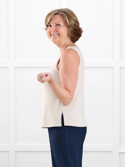 Ricki reversible neckline sweater knit tank for women in Seashell on model Donna, size S @Donna-S 