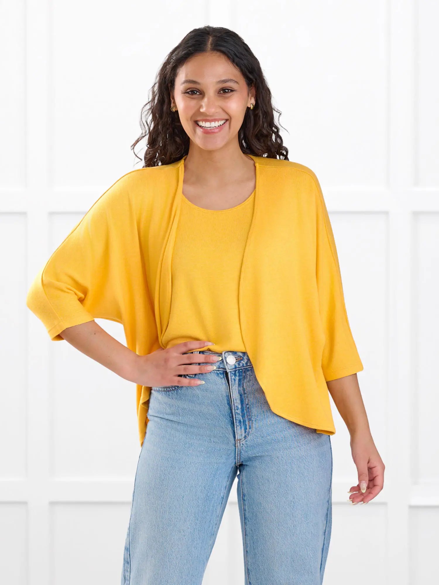 Ricki reversible neckline sweater knit tank for women in Daffodil on model Meron, size XS @Meron-XS 