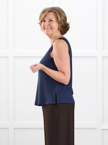 Ricki reversible neckline sweater knit tank for women in Midnight blue on model Donna, size S @Donna-S 
