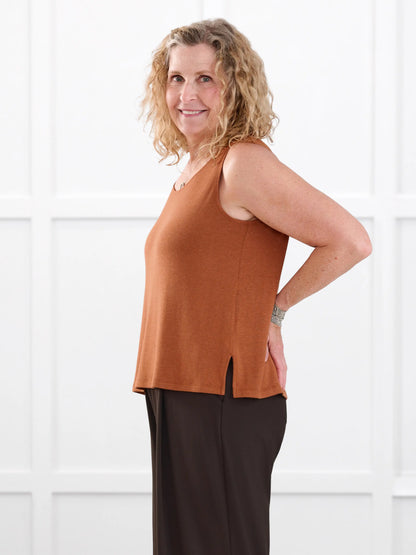 Ricki reversible neckline sweater knit tank for women in Rust on model Carolyn, size L @Carolyn-L 