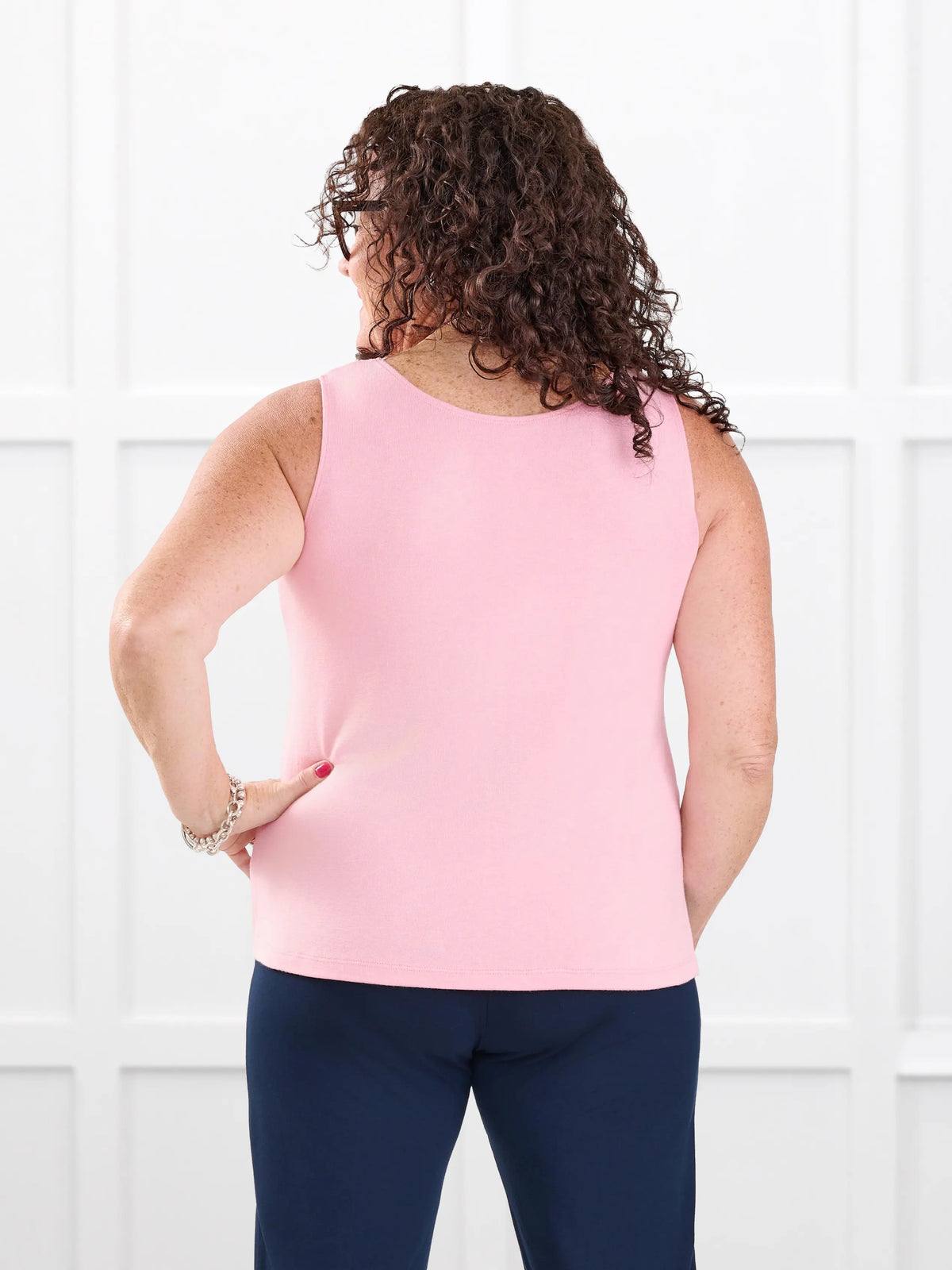 Ricki reversible neckline sweater knit tank for women in Whisper pink on model Kerri, size M @Kerri-M 
