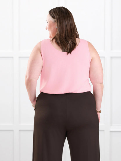 Ricki reversible neckline sweater knit tank for women in Whisper pink on model Cristina, size XXL @Cristina-XXL 