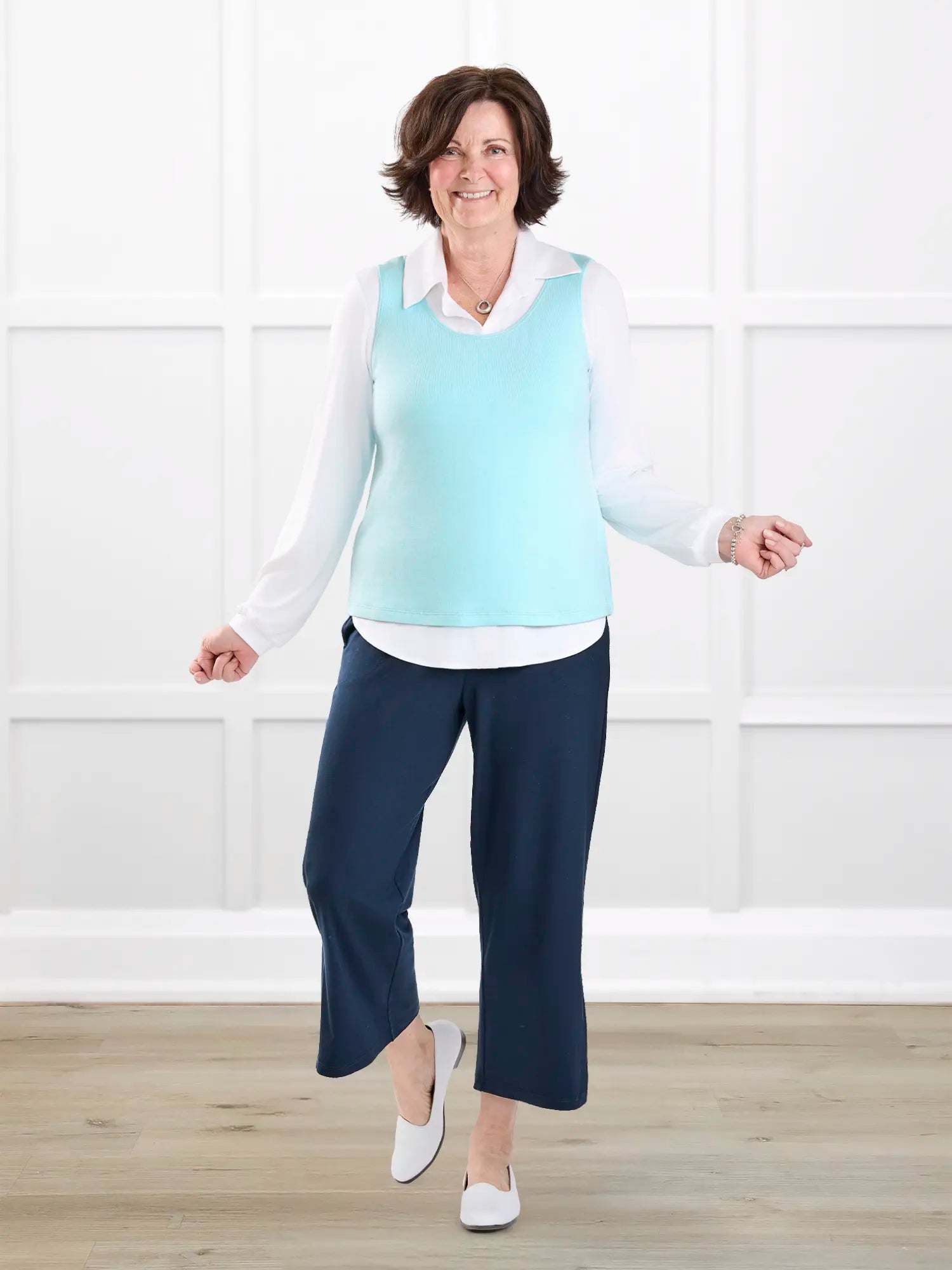 Ricki reversible neckline sweater knit tank for women in Fiji blue on model Donna, size S @Donna-S 