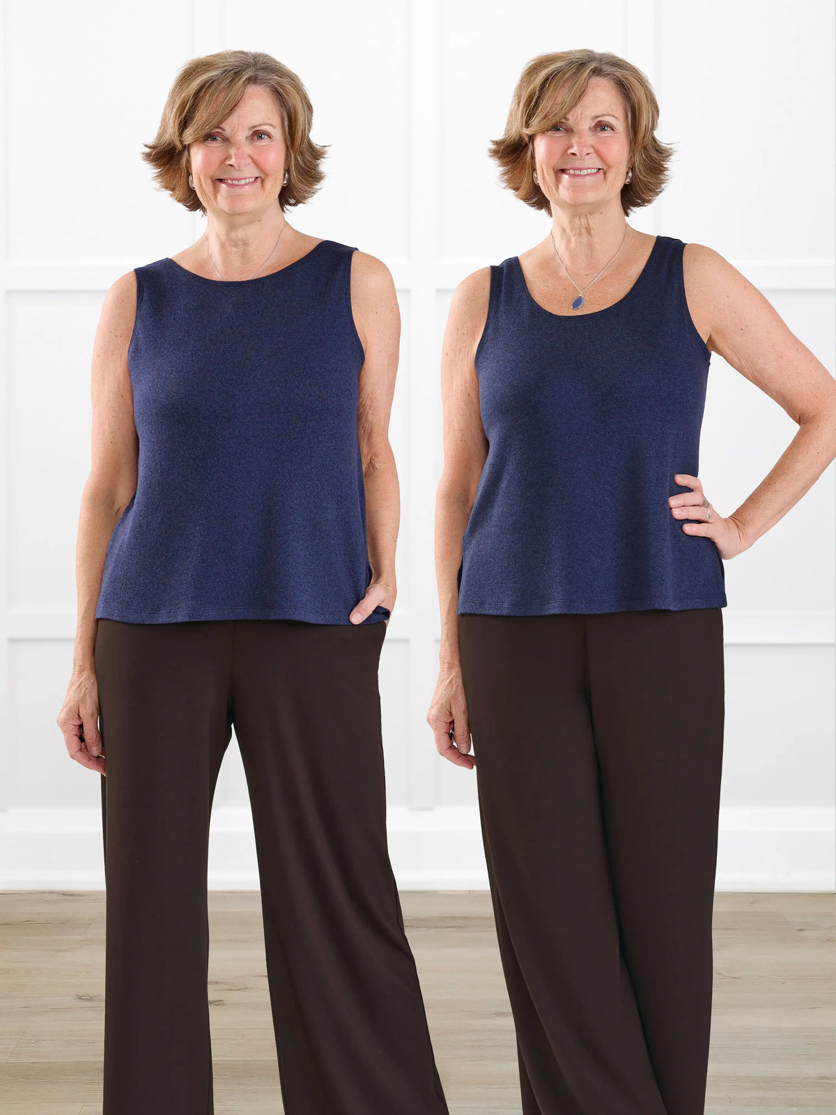 Ricki reversible neckline sweater knit tank for women in Midnight blue on model Donna, size S @Donna-S 