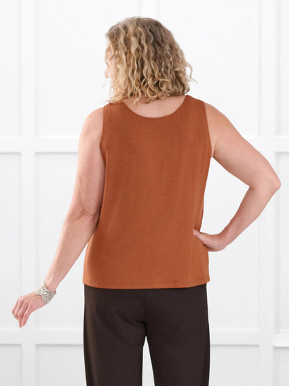 Ricki reversible neckline sweater knit tank for women in Rust on model Carolyn, size L @Carolyn-L 