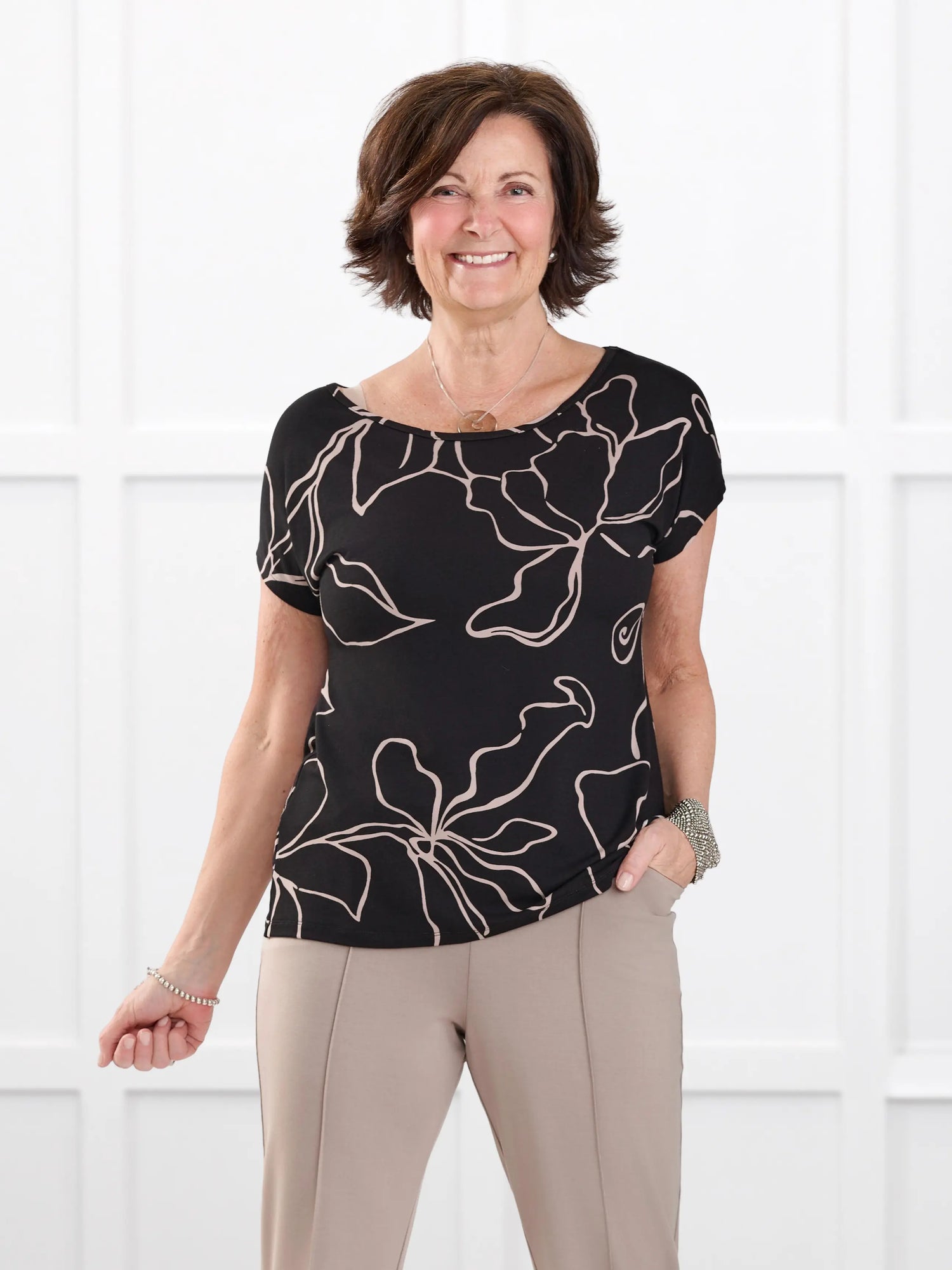 Rio reversible neckline dolman tee in Contour floral on model Donna, size S @Donna-S 