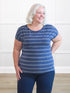 Rio reversible neckline dolman tee in Navy melange stripe on model Colleen, size XXL @Colleen-XXL 