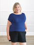 Rio reversible neckline dolman tee in Marine blue on model Laurie, size XXL @Laurie-XXL 