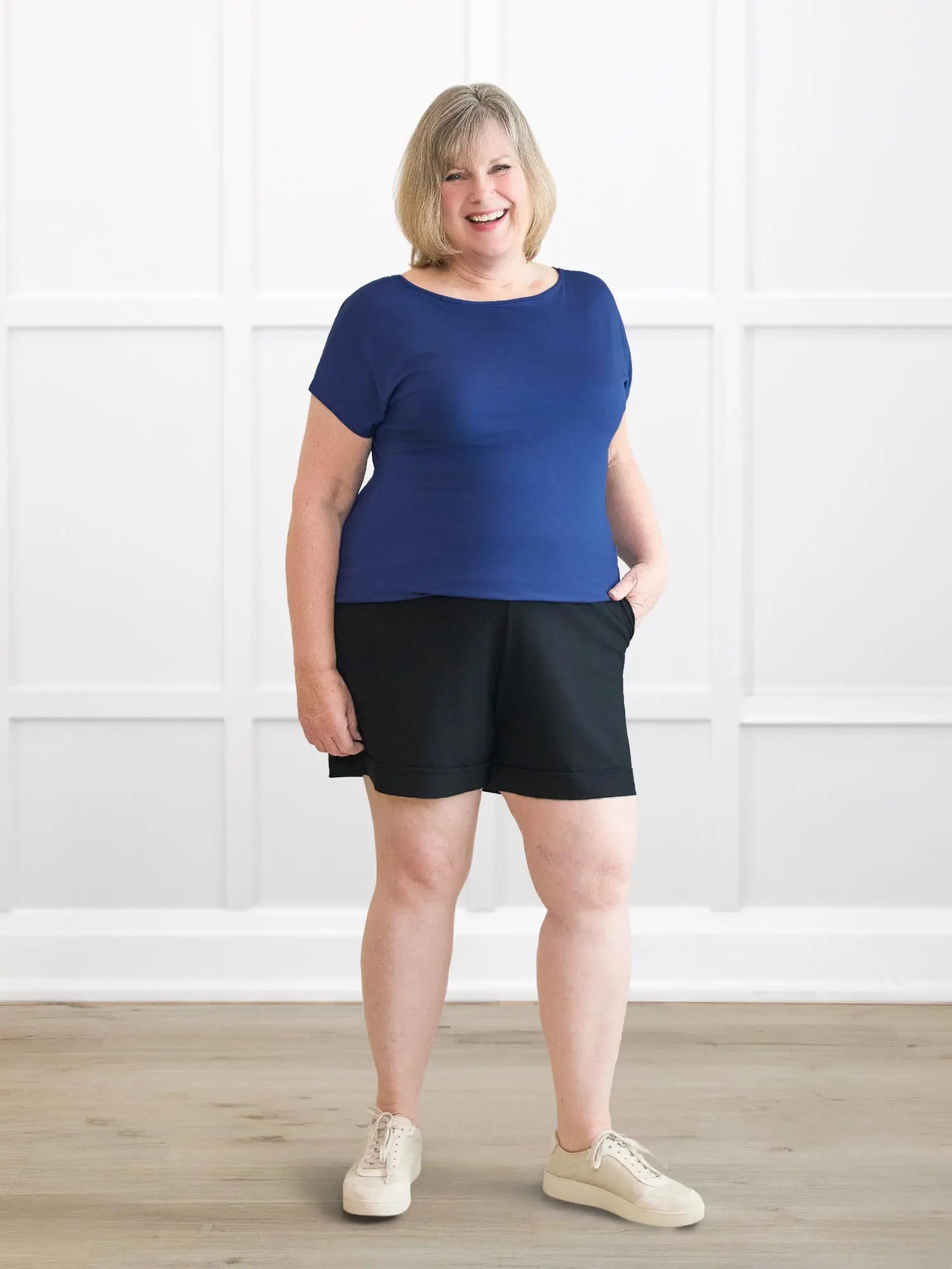 Rio reversible neckline dolman tee for women in Marine blue on model Laurie, size XL @Laurie-XL 