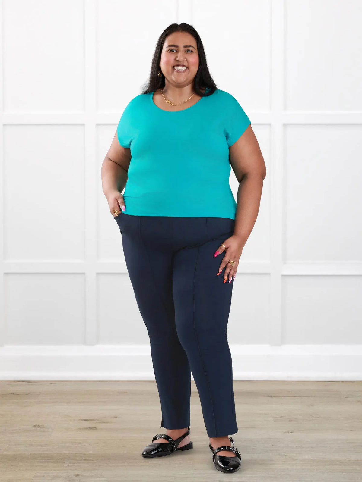 Rio reversible neckline dolman tee for women in Sea glass on model Sureka, size 3X @Sureka-3x 