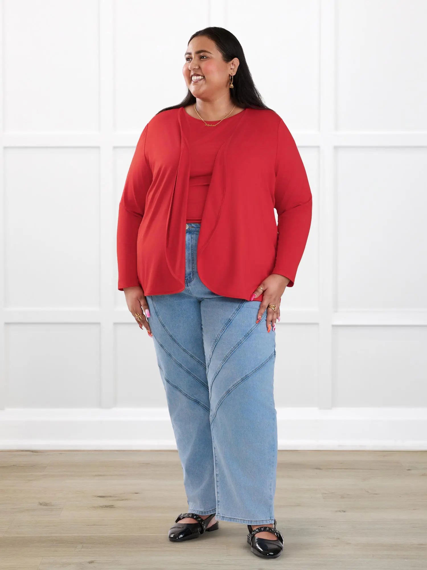 Rio reversible neckline dolman tee for women in Chili on model Sureka, size 3X @Sureka-3x 
