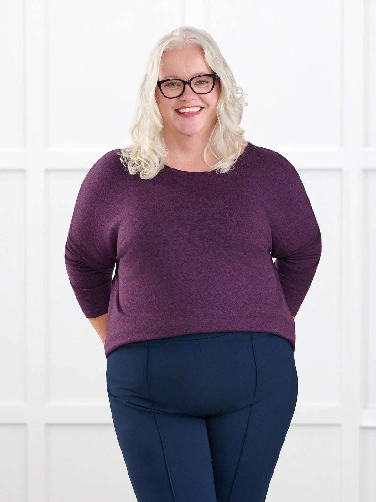 Rosalie long sleeve dolman sweater for women in Blackcurrant on model Colleen, size XXL @Colleen-XXL 