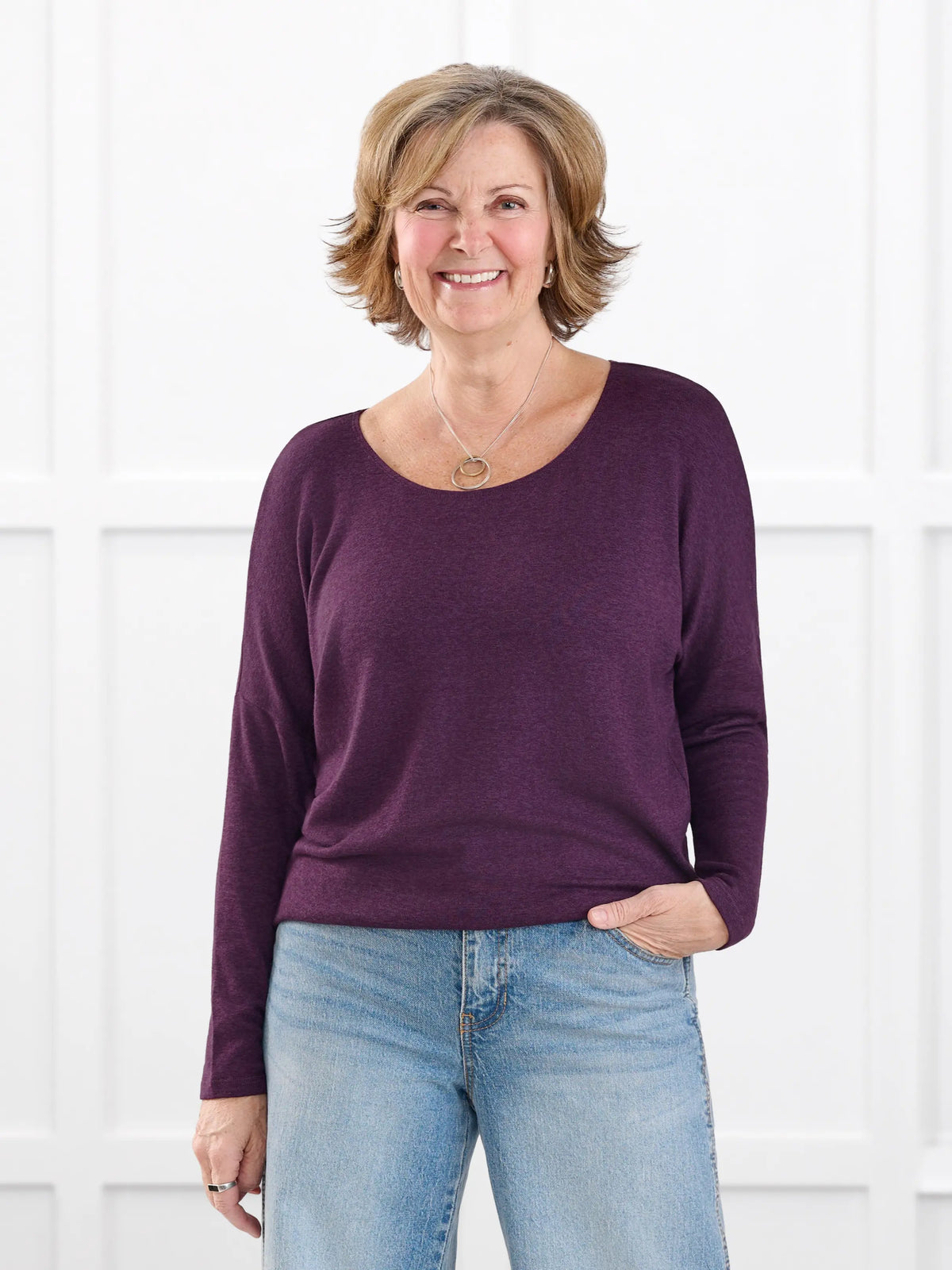 Rosalie long sleeve dolman sweater for women in Blackcurrant on model Donna, size S @Donna-S 