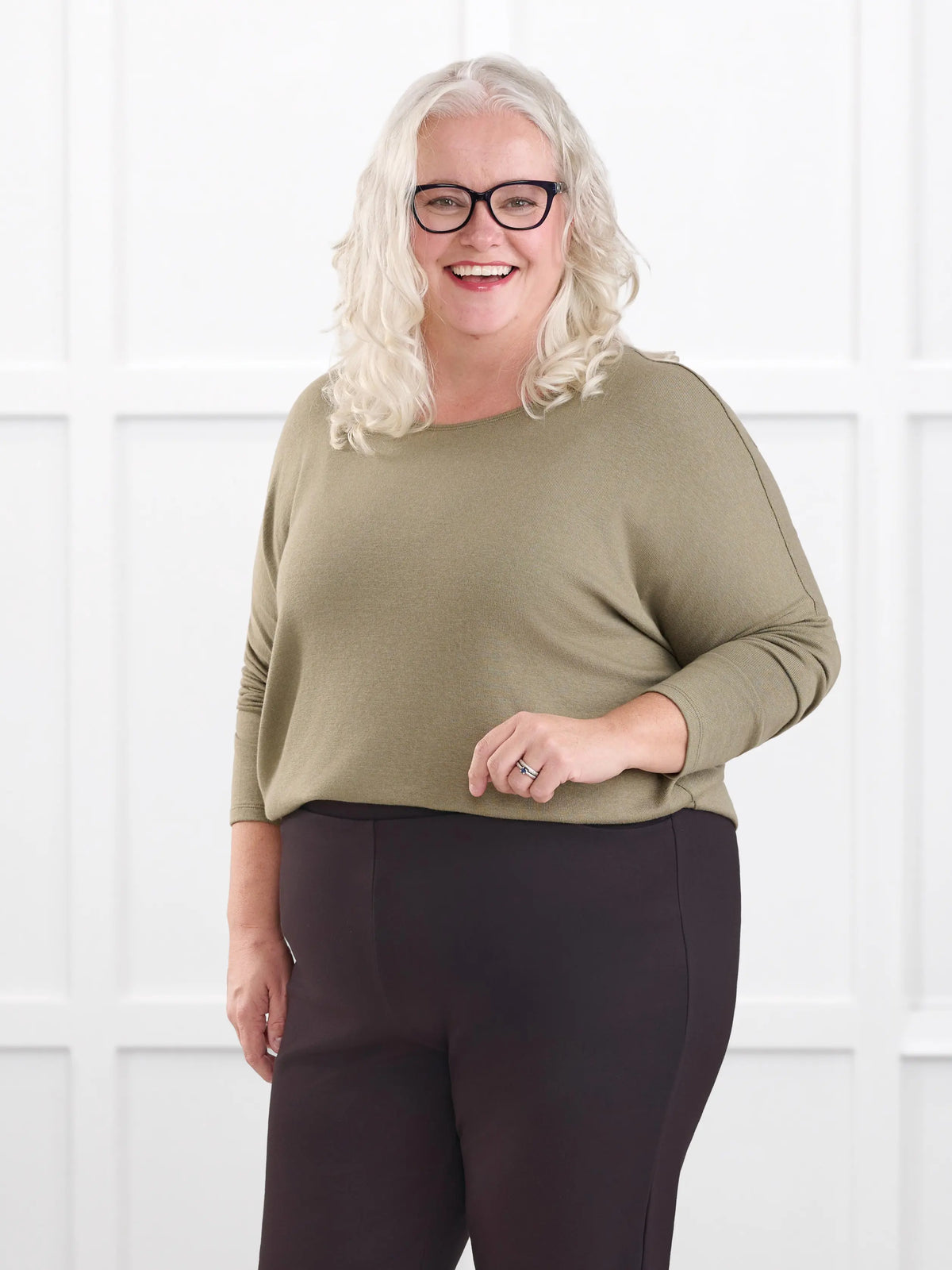 Rosalie long sleeve dolman sweater for women in Thyme on model Colleen, size XXL @Colleen-XXL 
