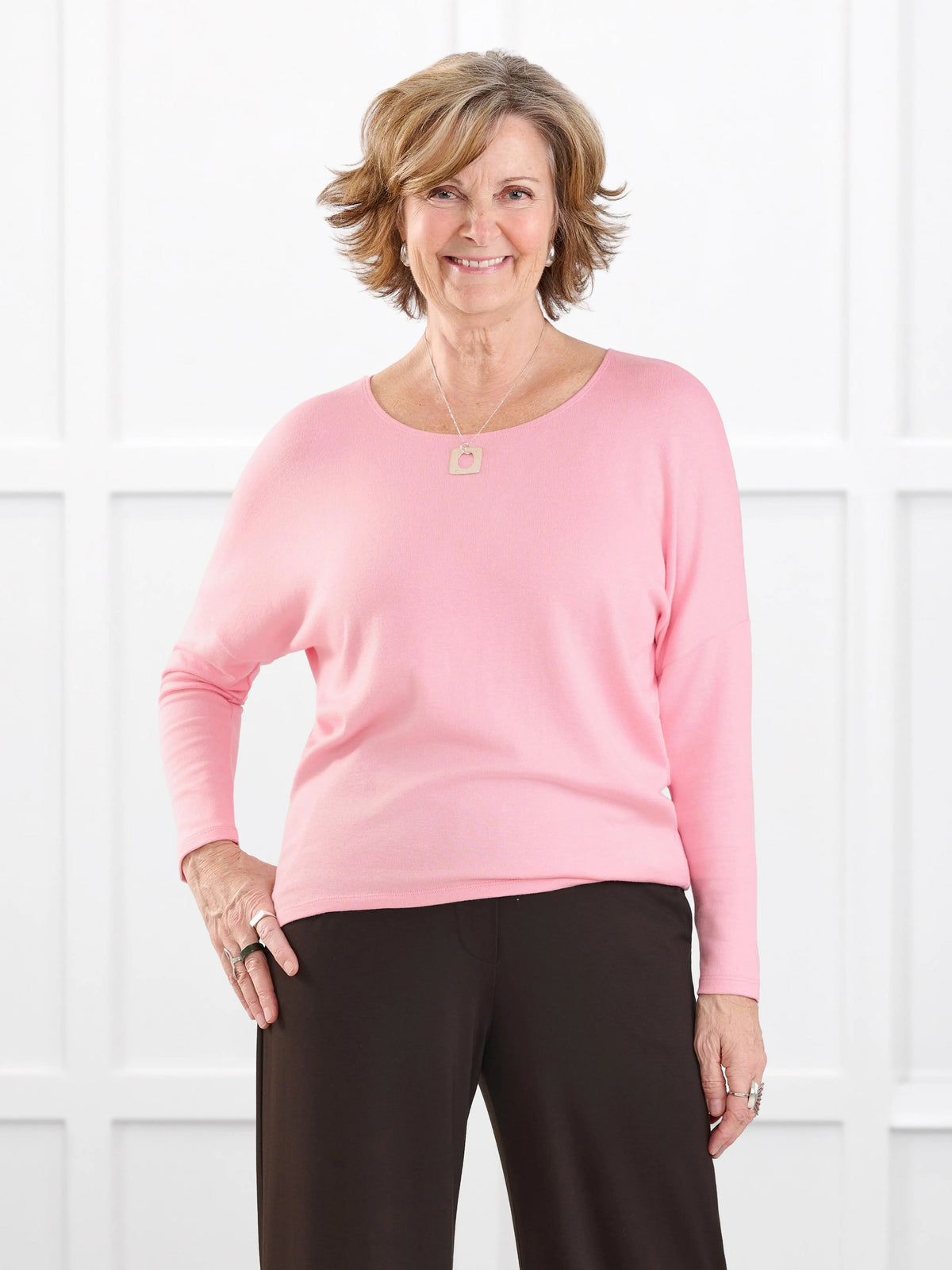 Rosalie long sleeve dolman sweater for women in Whisper pink on model Donna, size S @Donna-S 
