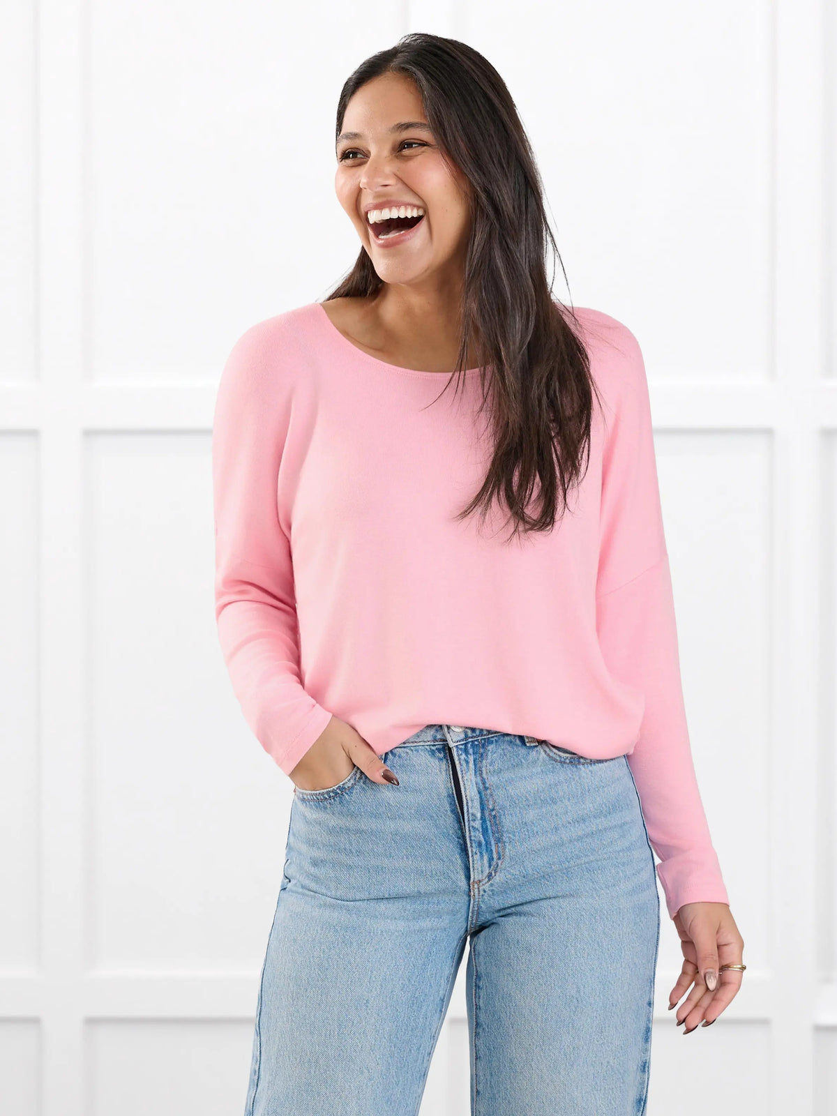 Rosalie long sleeve dolman sweater for women in Whisper pink on model Meron, size XS @Meron-XS 