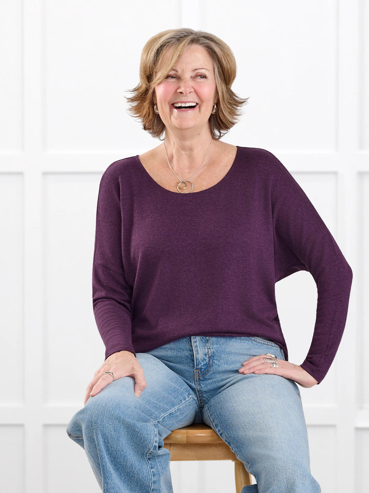 Rosalie long sleeve dolman sweater for women in Blackcurrant on model Donna, size S @Donna-S 