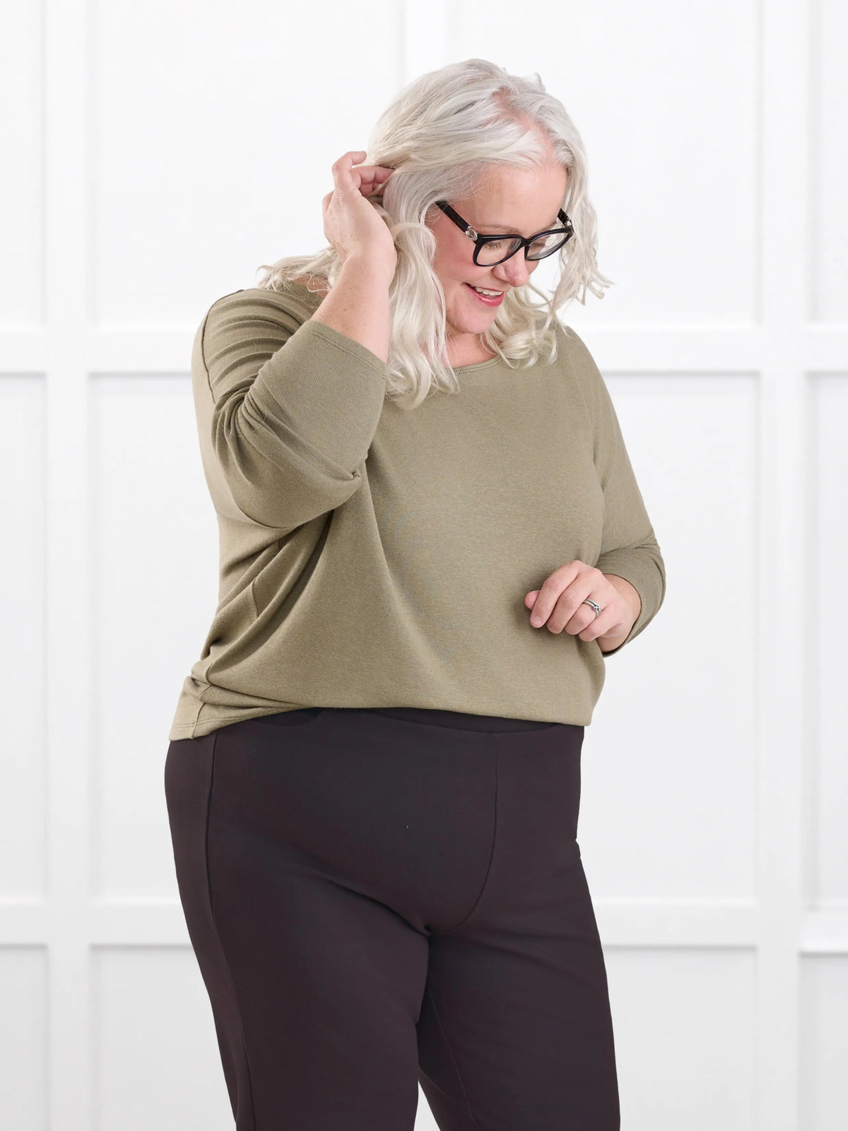 Rosalie long sleeve dolman sweater for women in Thyme on model Colleen, size XXL @Colleen-XXL 