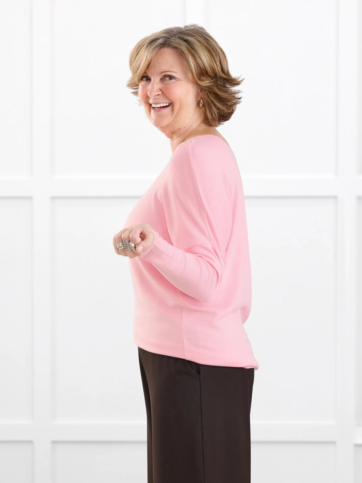 Rosalie long sleeve dolman sweater for women in Whisper pink on model Donna, size S @Donna-S 