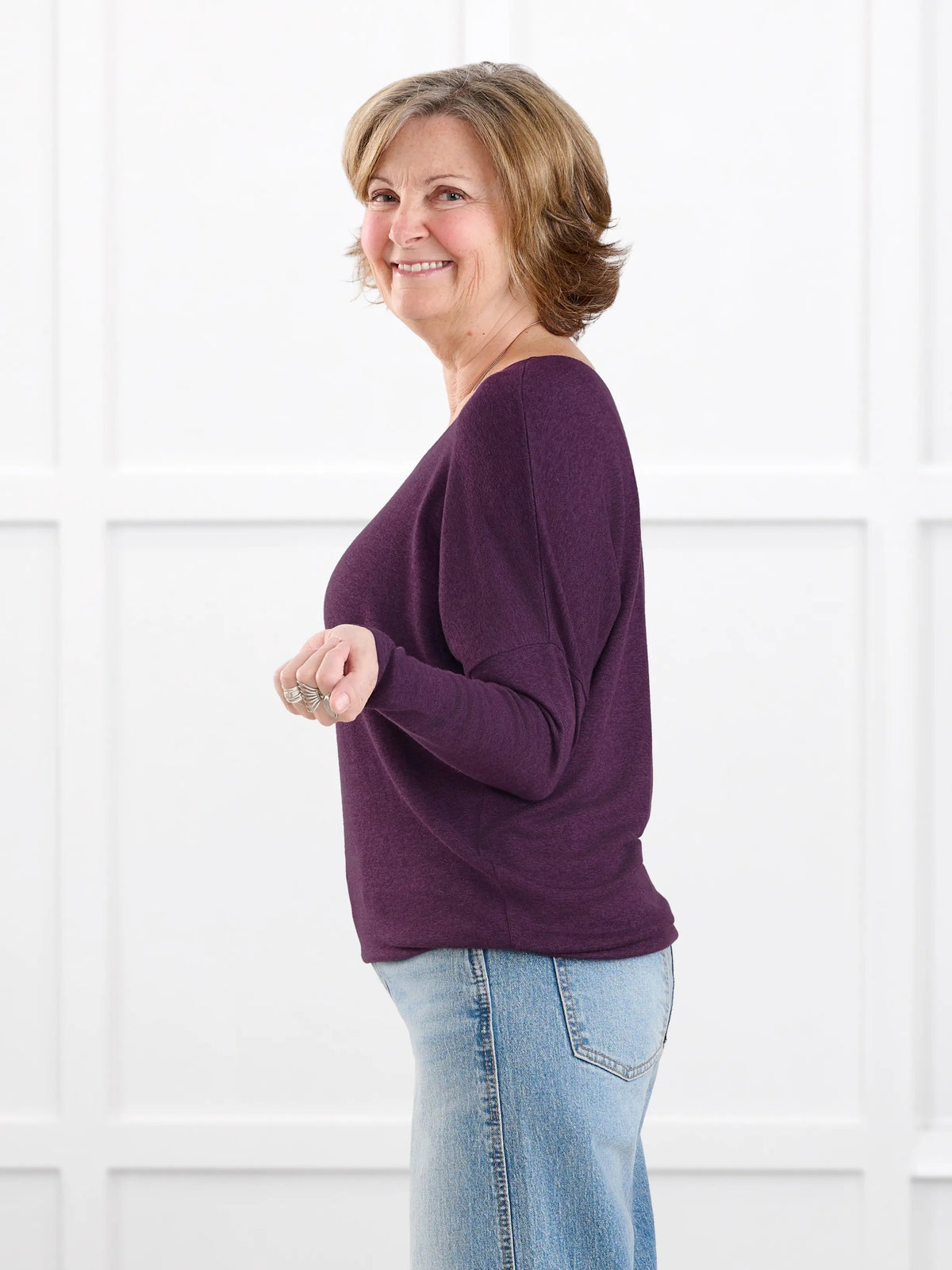 Rosalie long sleeve dolman sweater for women in Blackcurrant on model Donna, size S @Donna-S 