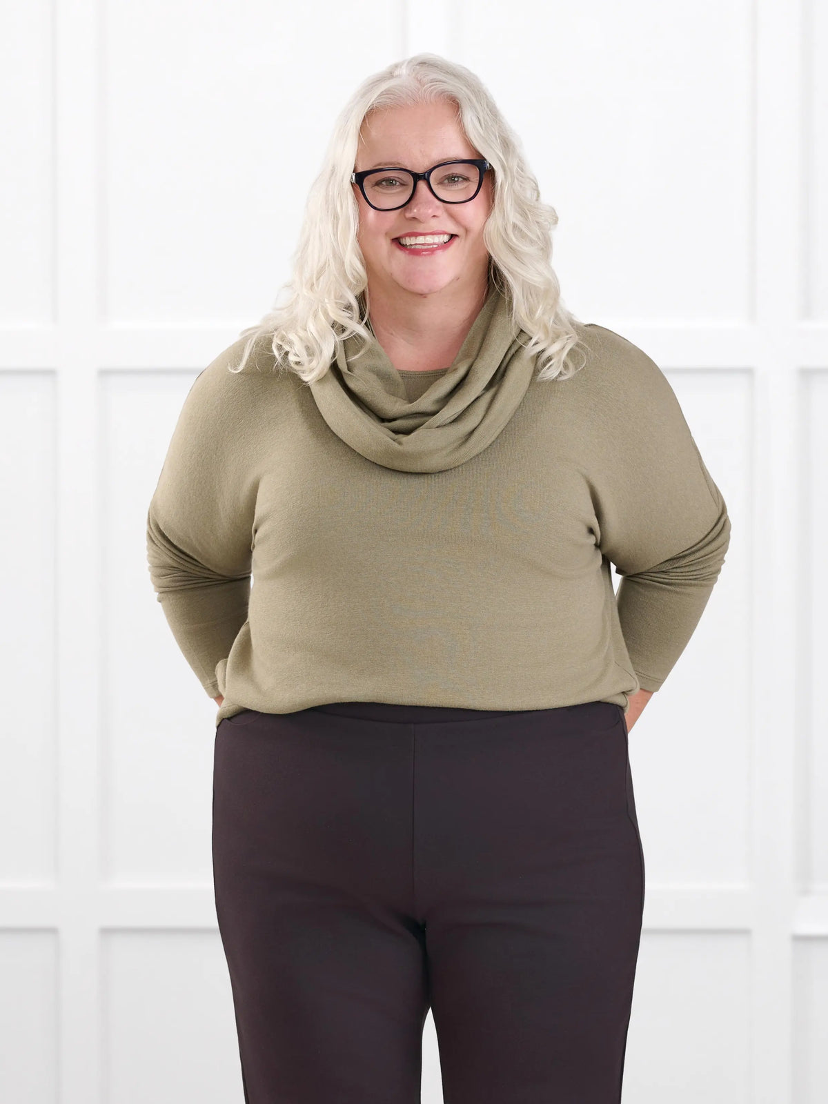 Rosalie long sleeve dolman sweater for women in Thyme on model Colleen, size XXL @Colleen-XXL 