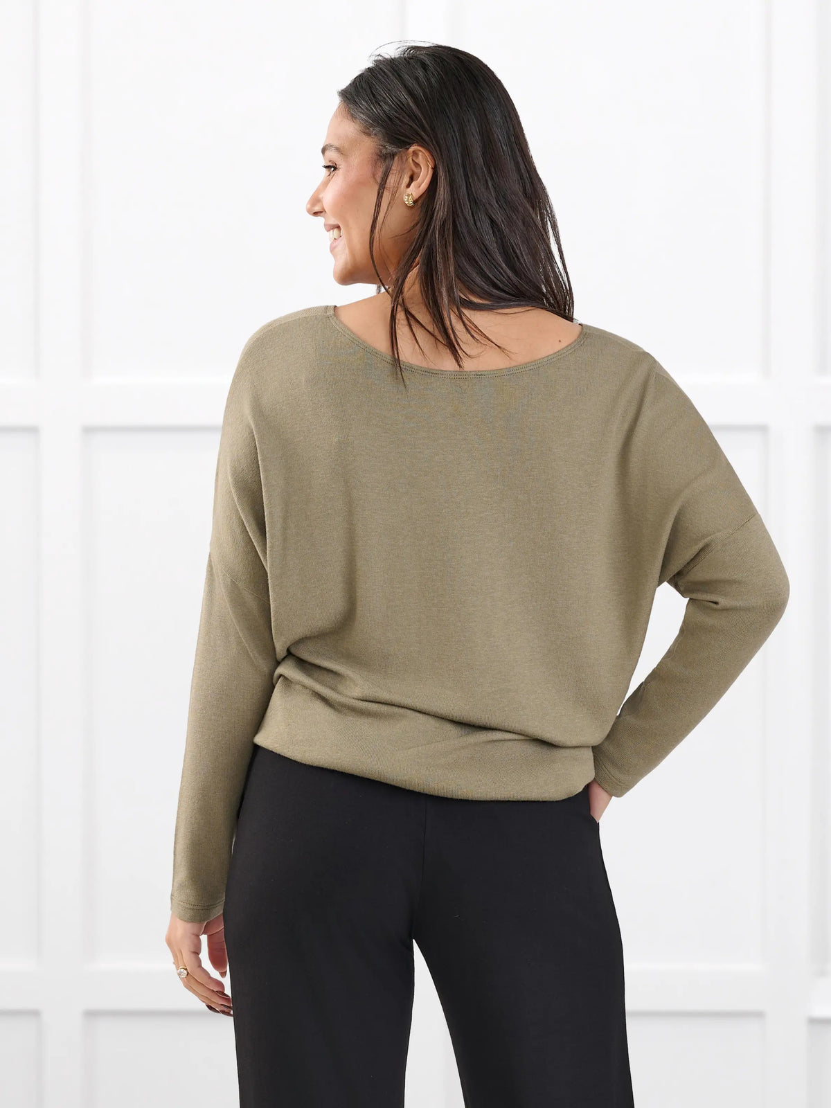 Rosalie long sleeve dolman sweater for women in Thyme on model Meron, size XS @Meron-XS 