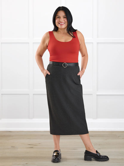 Rubina midi pencil skirt with pockets for women in Charcoal on model Jenn, size M @Jenn-M 