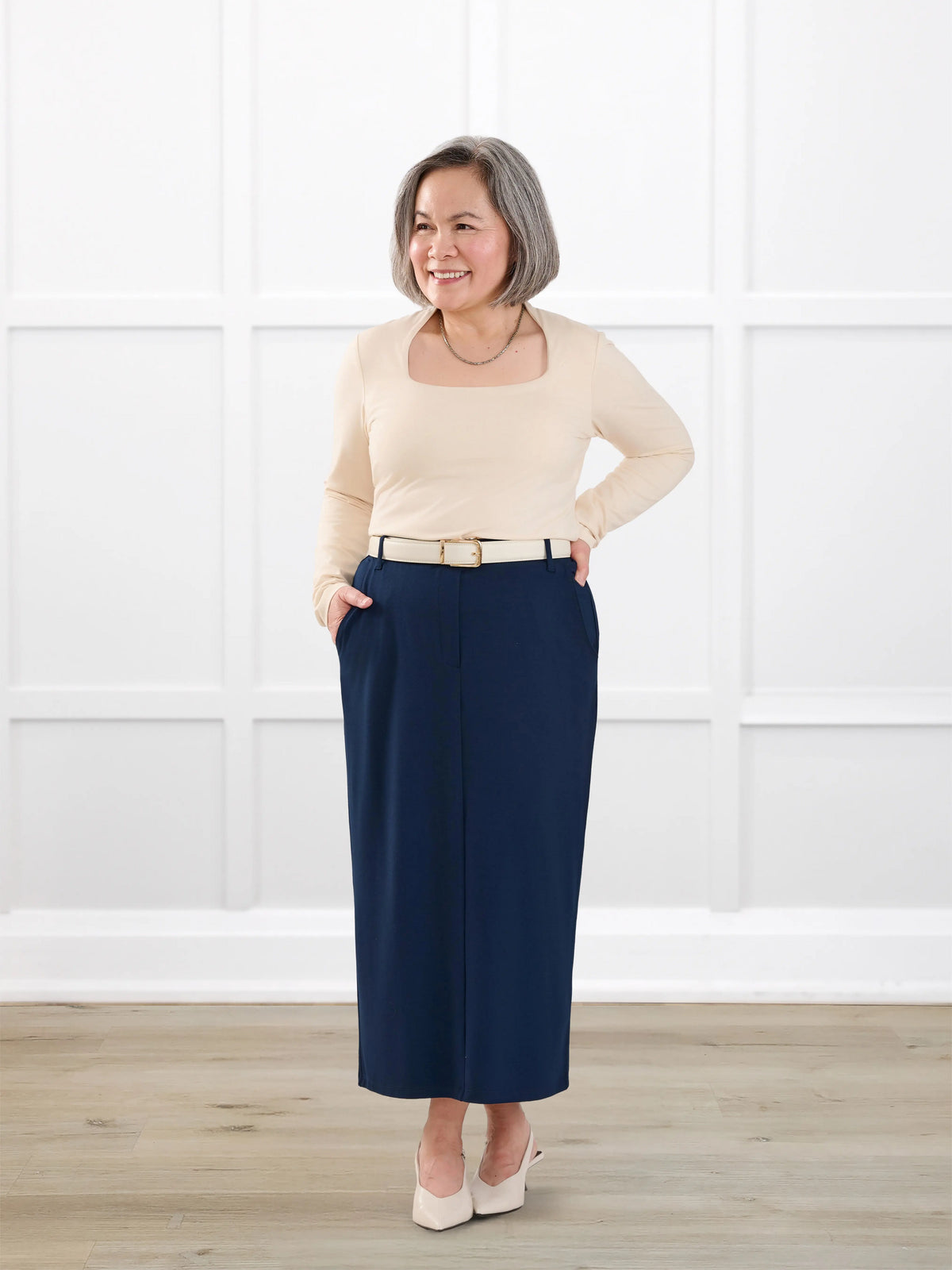 Rubina midi pencil skirt with pockets for women in Navy on model Terry, size S @Terry-S 