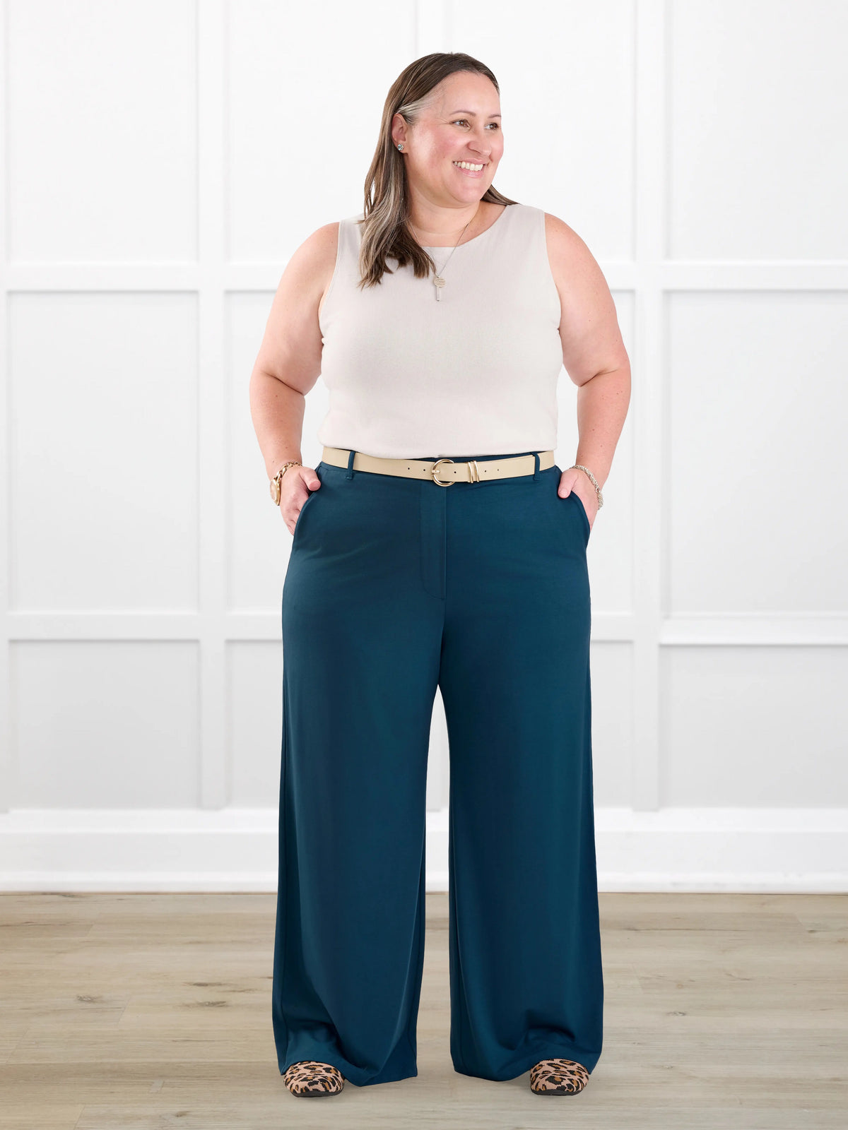 Samara wide leg pocket pant for women in Atlantic on model Cristina, size XXL Petite @Cristina-XXL-petite 