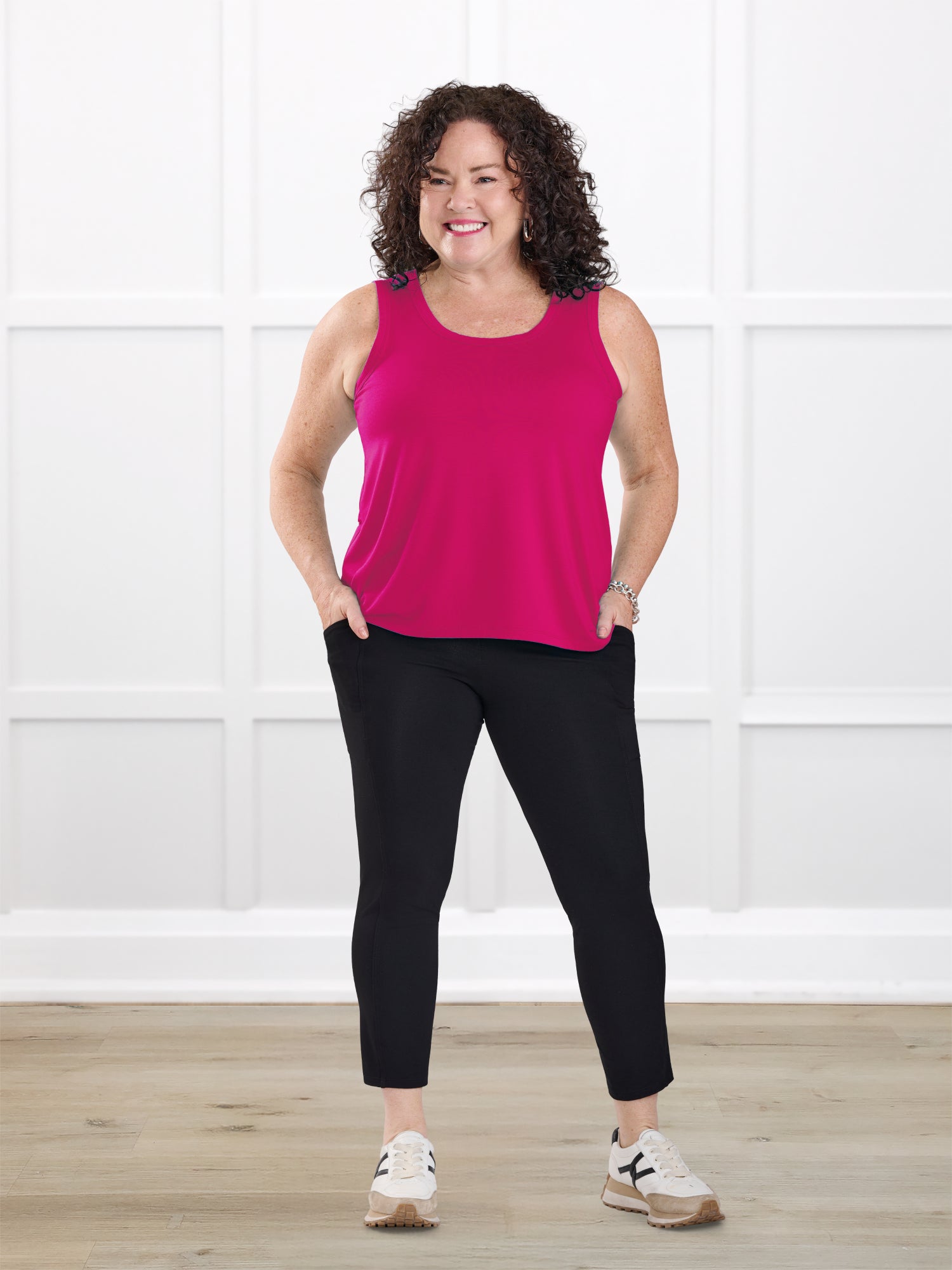 Seana high waisted pocket capri legging for women in Black on model Kerri, size M @Kerri-M 