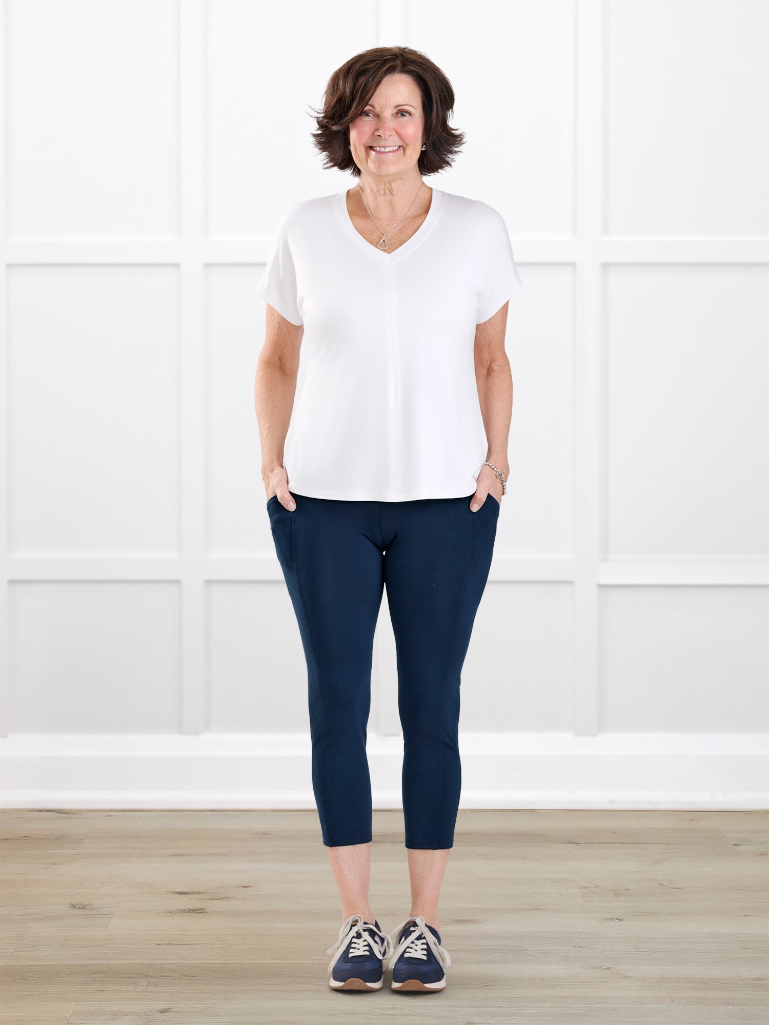 Seana high waisted pocket capri legging for women in Navy on model Donna, size S @Donna-S 