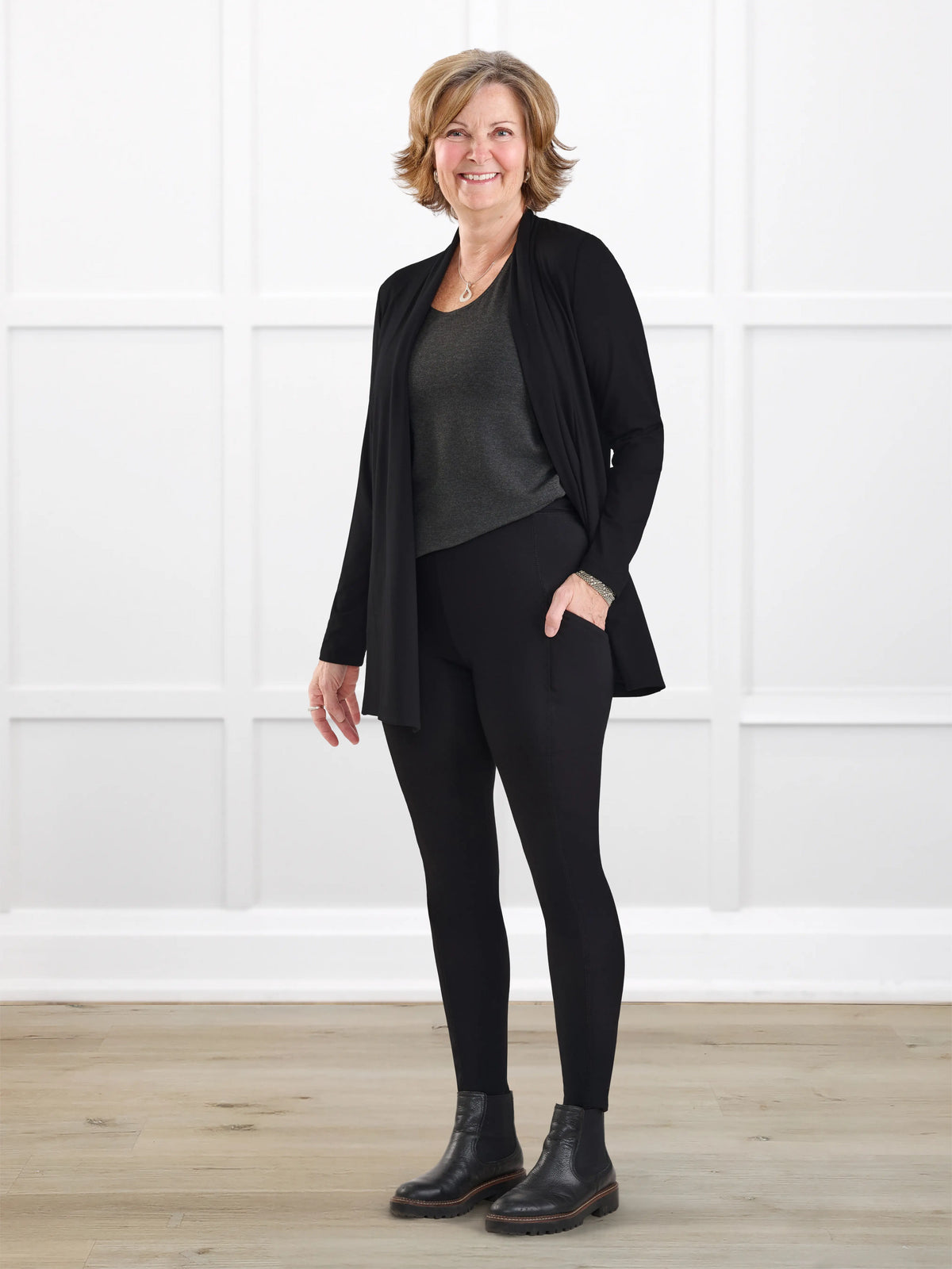 Seana high waisted pocket legging for women in Black on model Donna, size S @Donna-S 