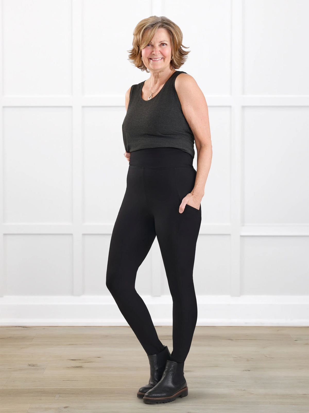 Seana high waisted pocket legging for women in Black on model Donna, size S @Donna-S 