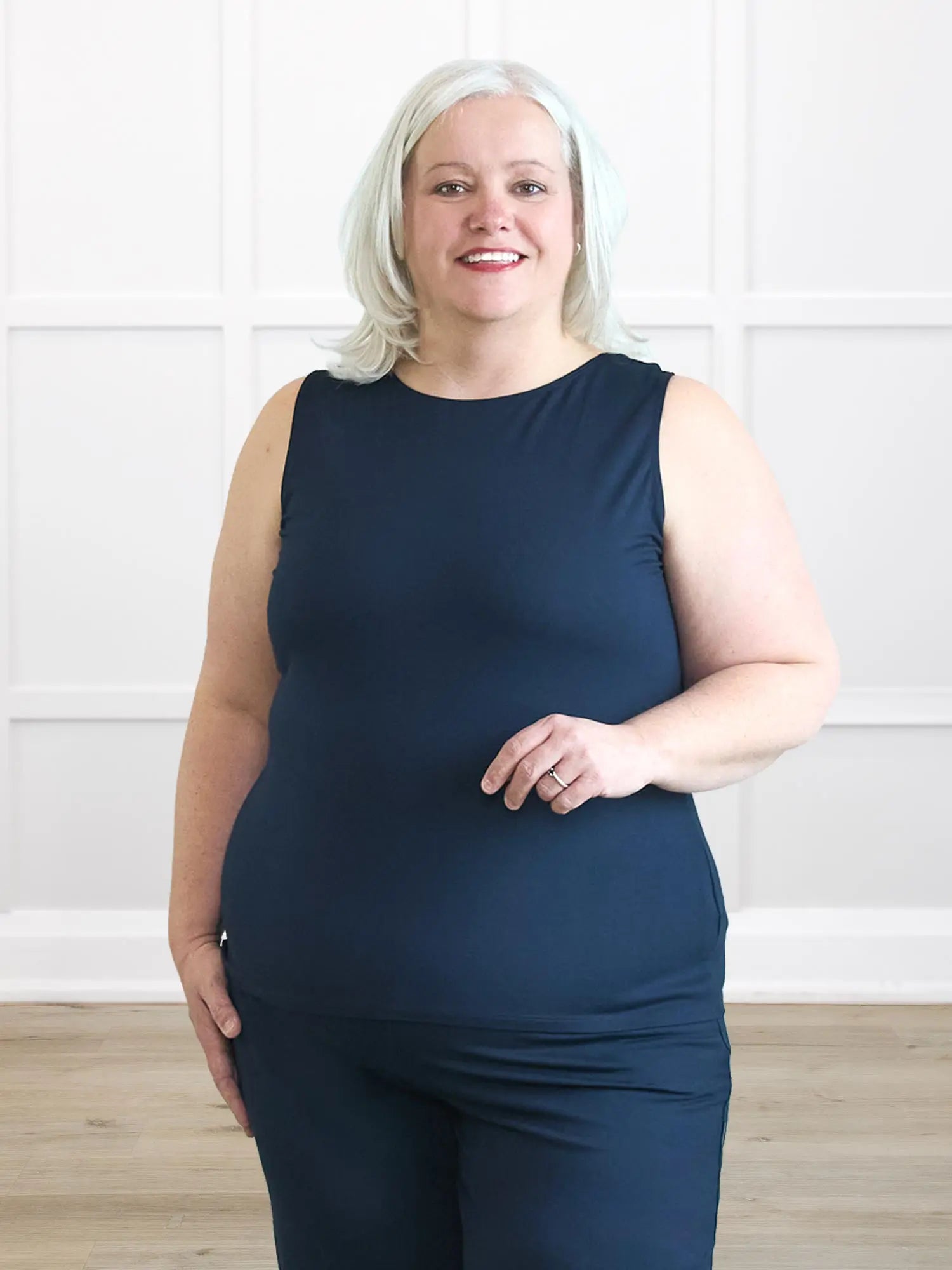 Shandra reversible neckline tank top for women in navy on model Colleen in size xxlarge, petite fit @Colleen-XXL-petite 