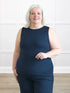 Shandra reversible neckline tank top in Navy on model Colleen, size XXL Petite @Colleen-XXL-petite 